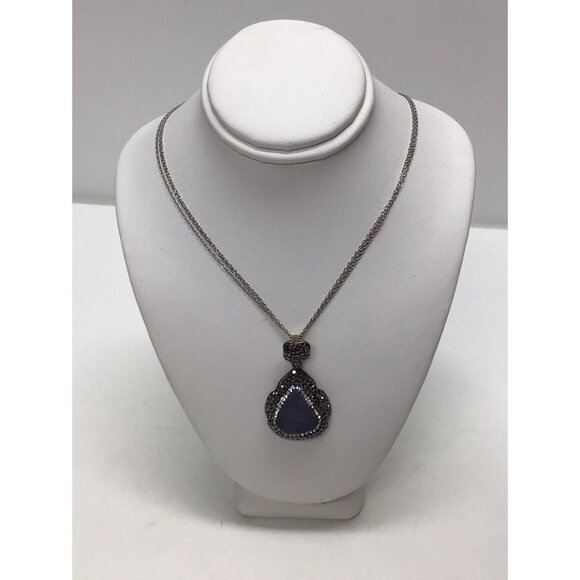 DRUZY QUARTZ Blue STONES AND MARCASITES TEARDROP PENDANT TURKEY 925 Necklace - Picture 1 of 11